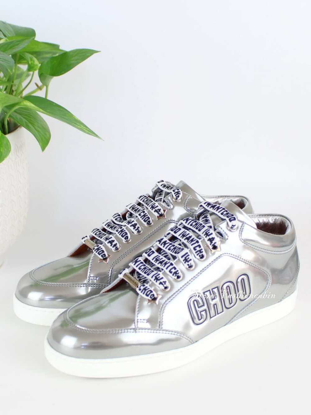 New JIMMY CHOO Metallic Logo Leather Sneakers, 37 Silver Low-Top Street & Travel